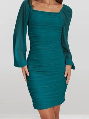 Women Square Neck Lantern Long Sleeve Mesh Ruched Bodycon Clubwear Mini Dress